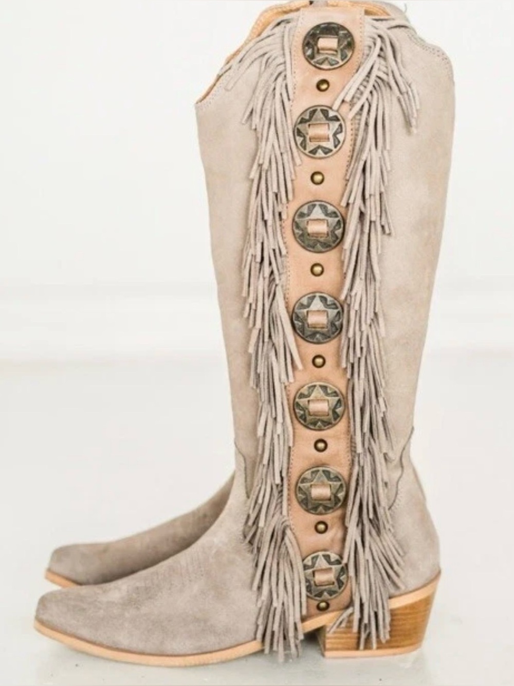 NIB NAUGHTY MONKEY RODEO DOLL TAUPE COWGIRL BOOTS Taupe Fringe TRIM